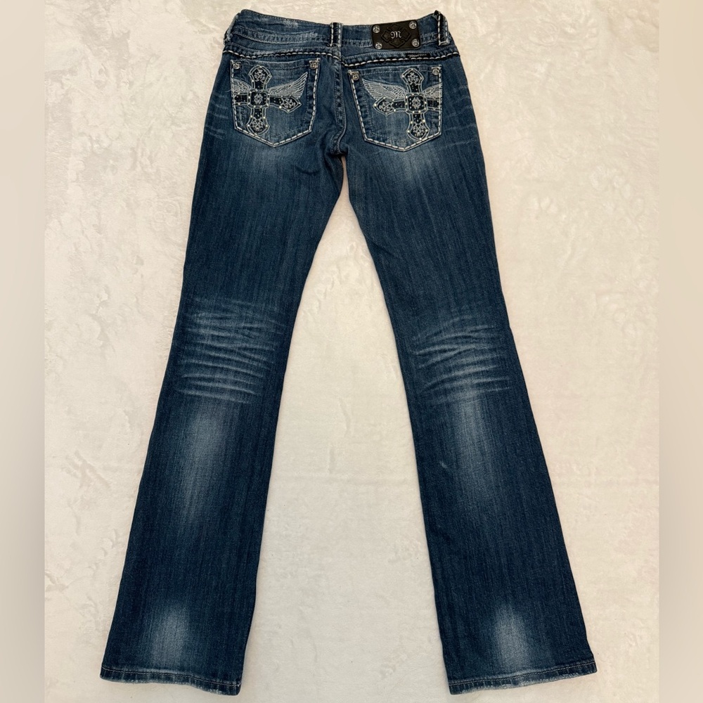 Miss Me Dark Blue Flare Y2K Low Rise Jeans